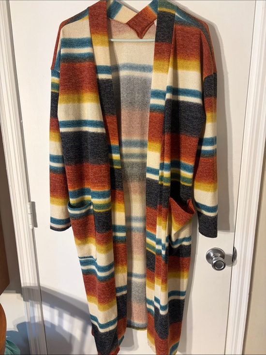 Karen T Sweaters - Striped Long Open-Front Cardigan Sweater in Rust Multi